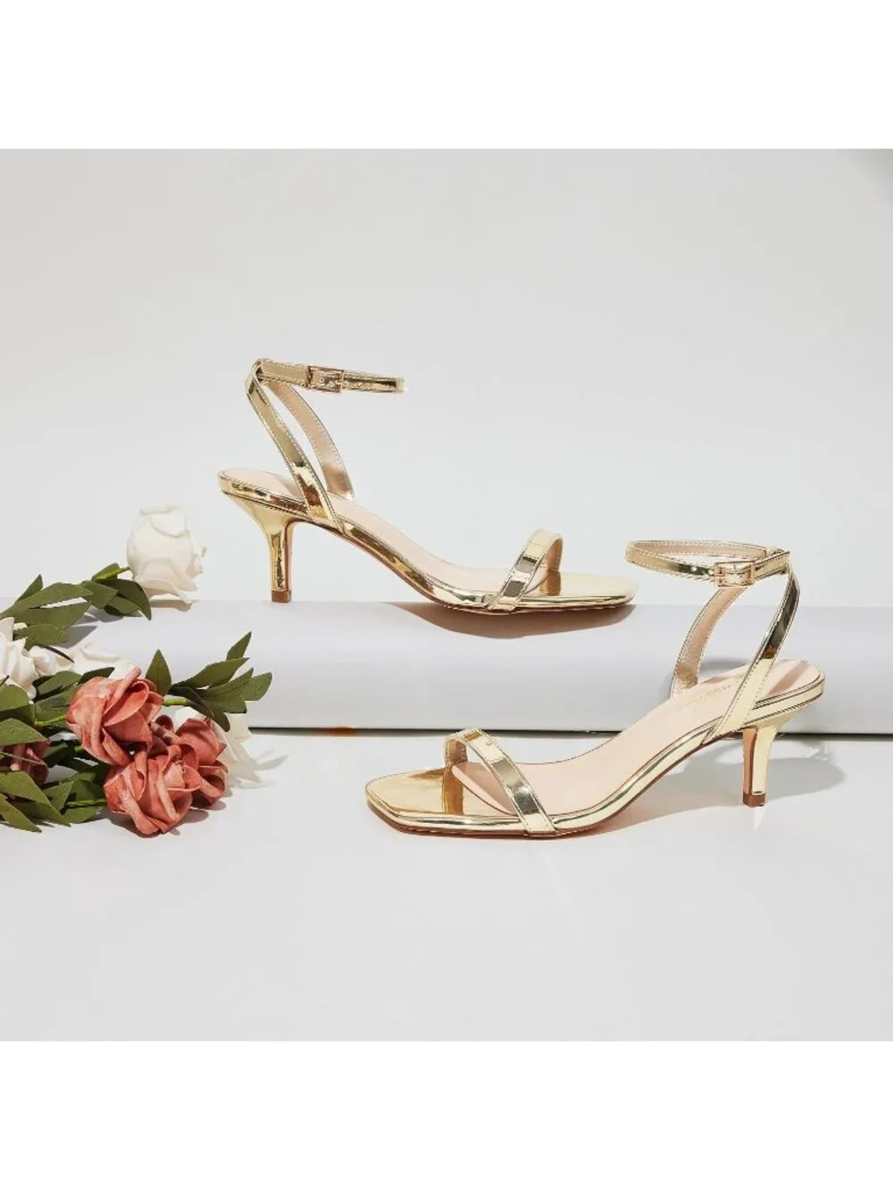 Women's Gold Kitten Low Heels Square Open Toe Ankle Strap Sandals Strappy Heels